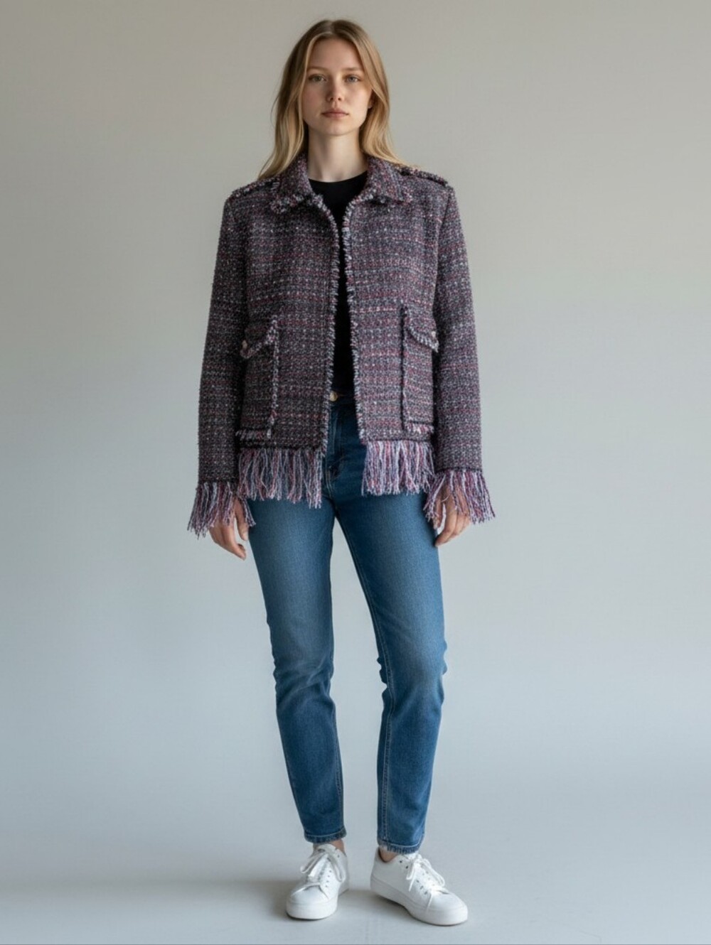 For the Republic Tweed Wool Fringe Blazer Women's Size 6